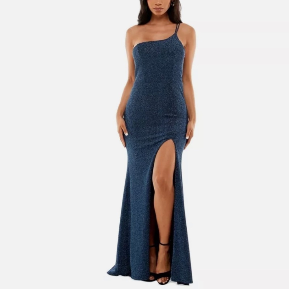Crystal Doll 5 Navy One Shoulder Glitter Gown Long Length Slit Train Prom Dress